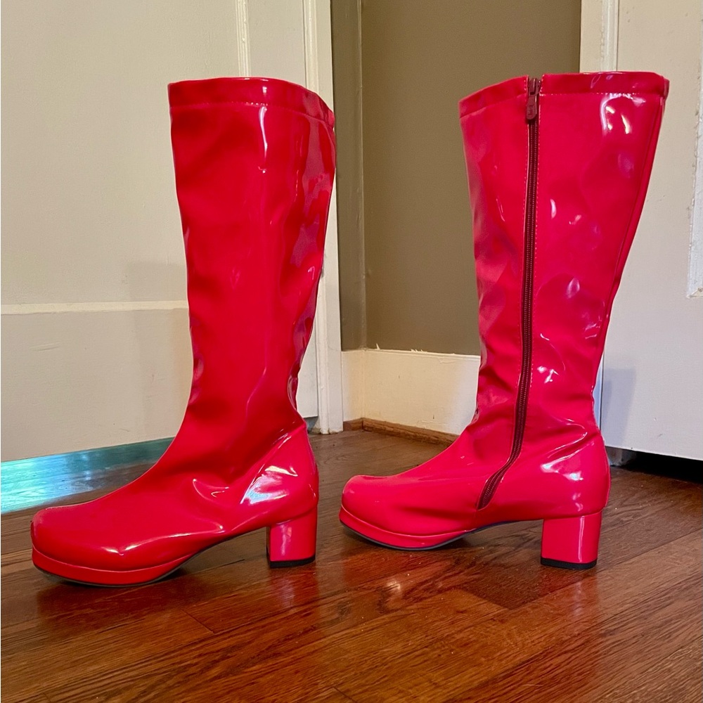 Red Knee High Go Go Boots with Chunky Heel